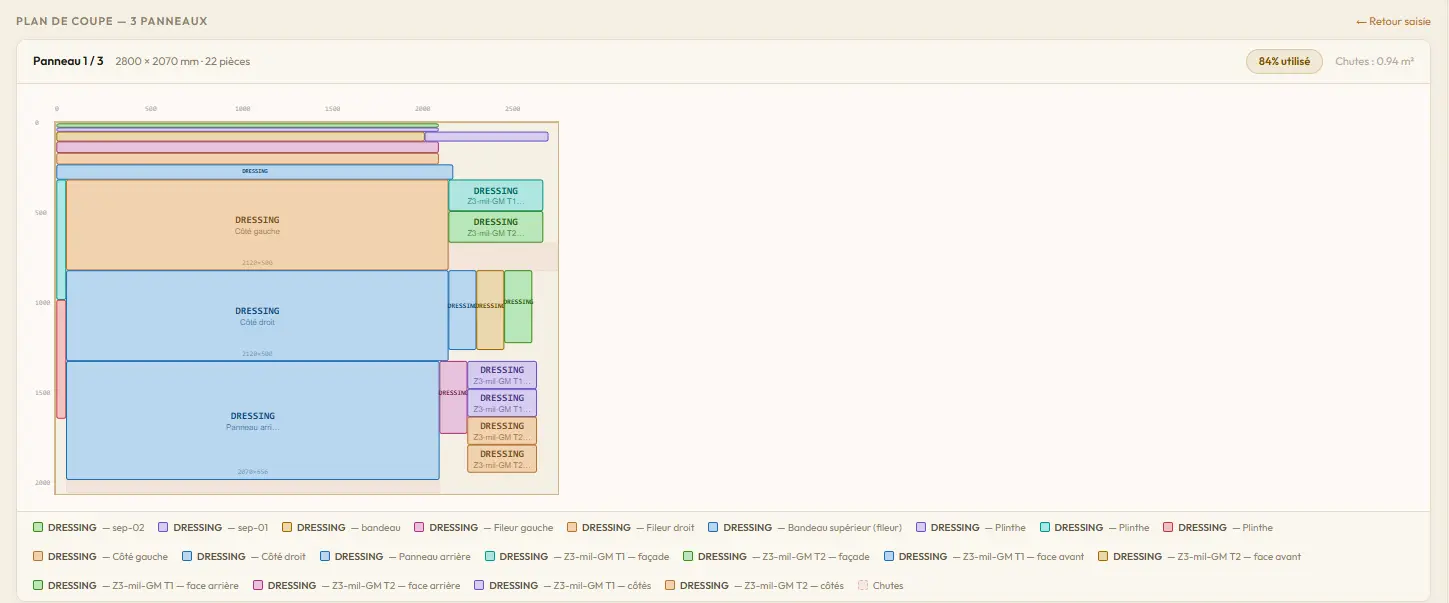 Interface plan de coupe WoodNova avec pièces optimisées sur panneau