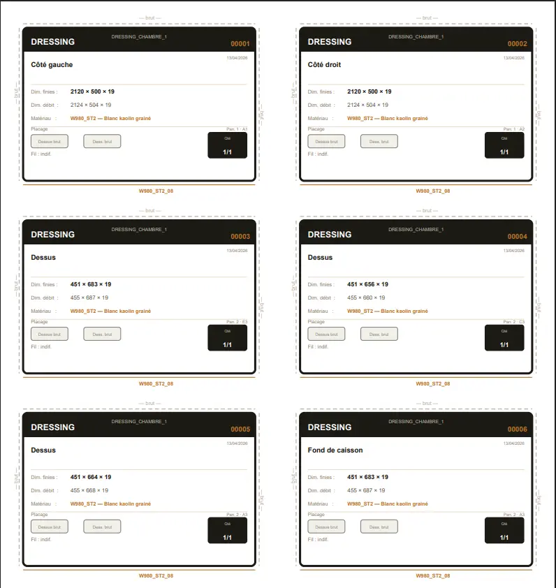 Étiquettes pièces WoodNova — 6 étiquettes avec dimensions et matériaux
