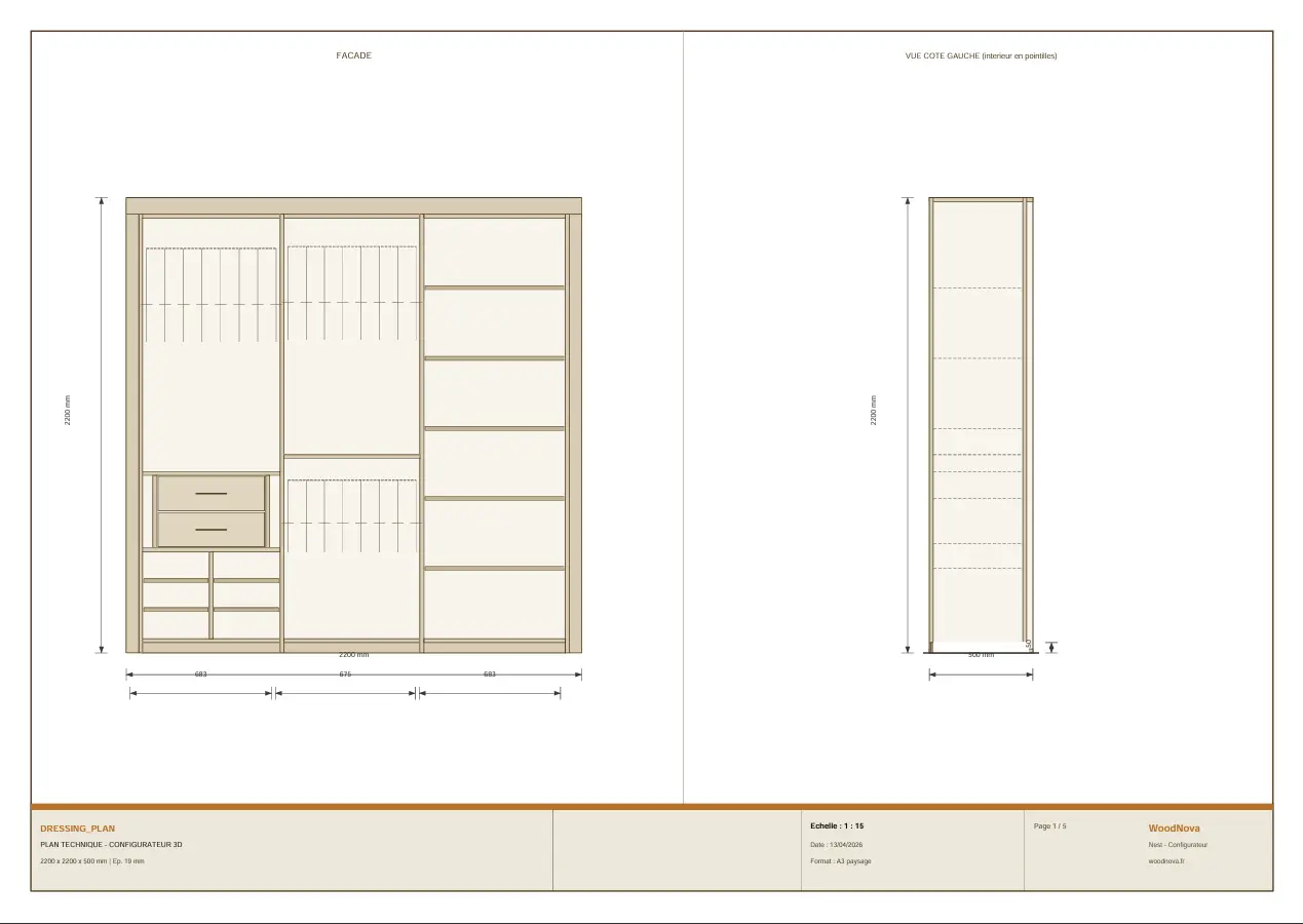 Plan technique A3 dressing WoodNova — vue façade et vue côté gauche
