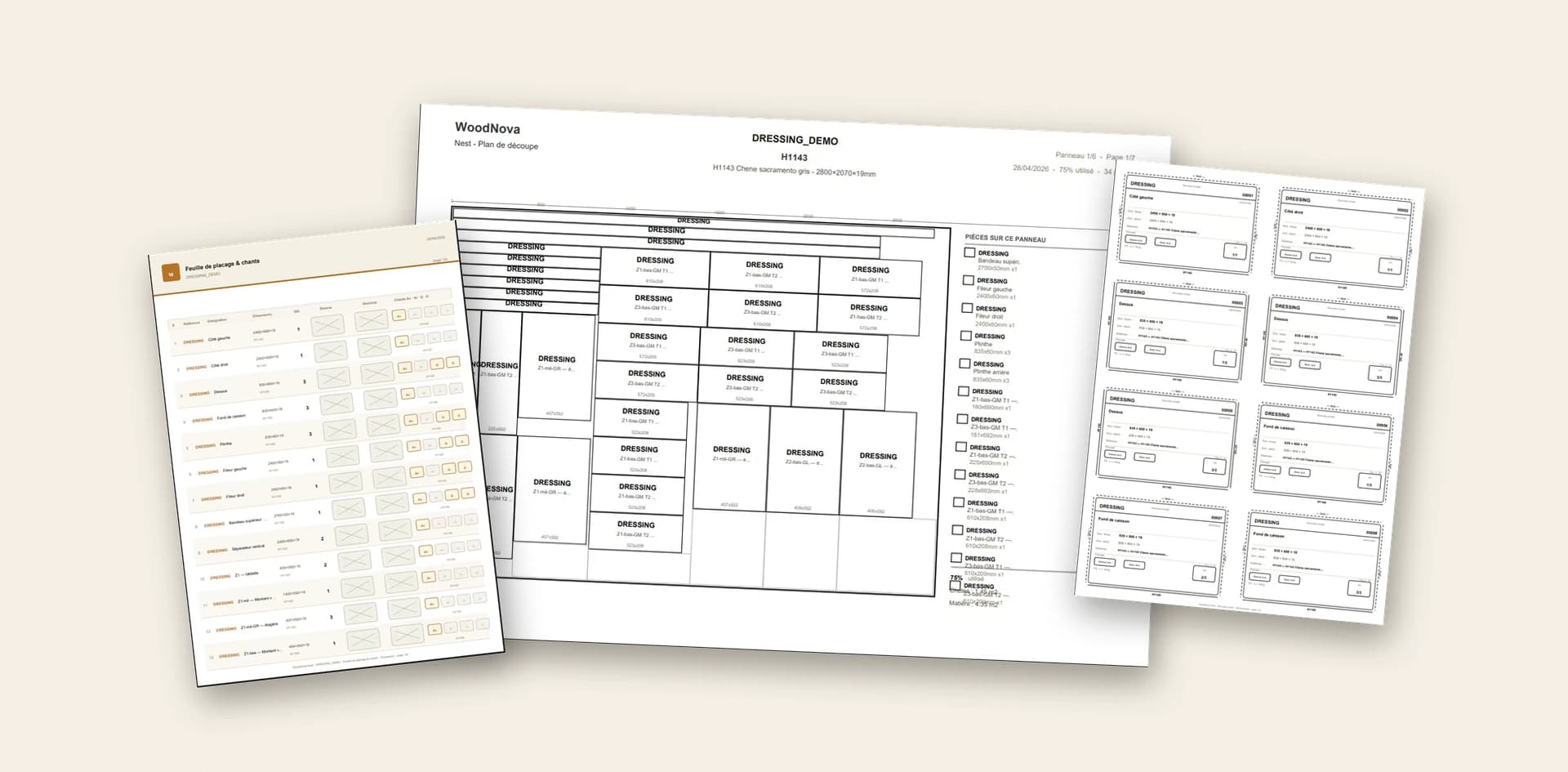 Livrables WoodNova Nest — plan de découpe, feuille de placage et chants, étiquettes atelier
